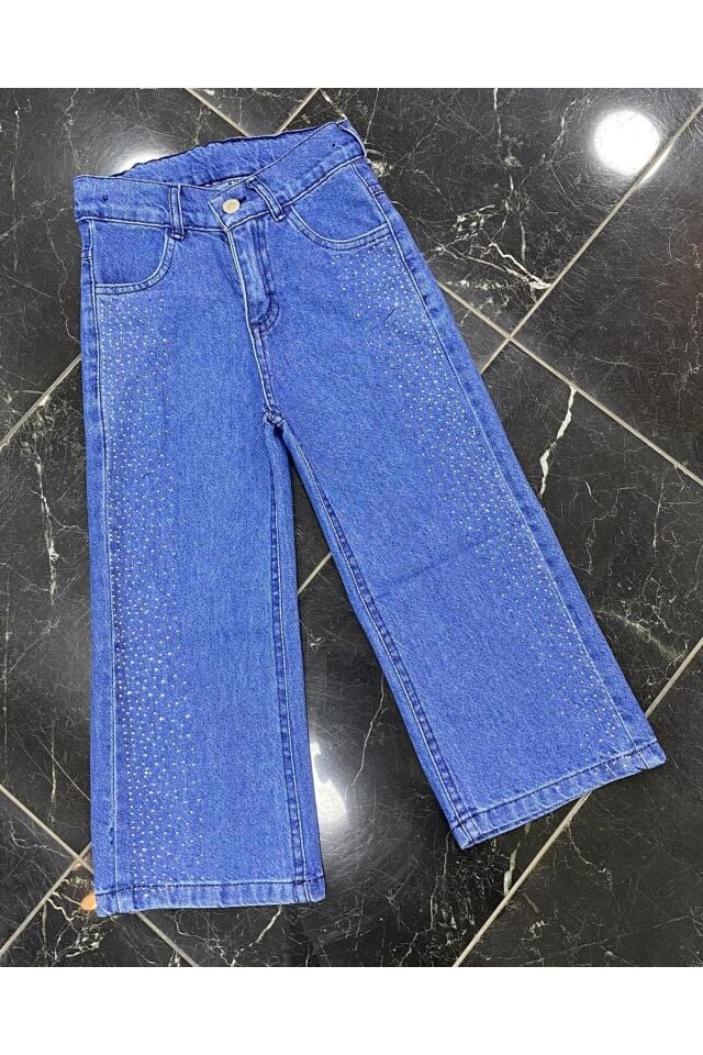 Kız Çocuk Pamuklu Beli Lastikli Jean Pantolon Rahat Kalıp Geniş Bol Paça Taş detaylı Kot Pantolonn Mavi - 13-14 Yaş