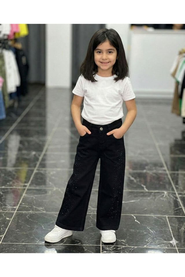 Kız Çocuk Pamuklu Beli Lastikli Jean Pantolon Rahat Kalıp Geniş Bol Paça Taş detaylı Kot Pantolon Siyah - 10-11 Yaş