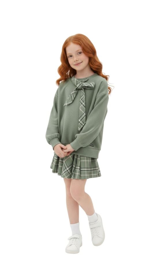 Kız Çocuk Bayramlık - Gezmelik Ekose Etek Bluz İkili Takım Gül Kurusu - 10-11 Yaş