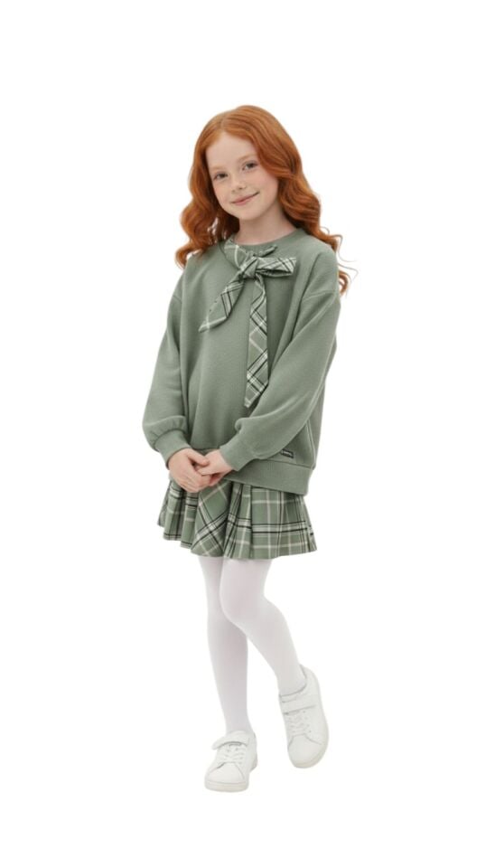 Kız Çocuk Bayramlık - Gezmelik Ekose Etek Bluz İkili Takım Gül Kurusu - 10-11 Yaş