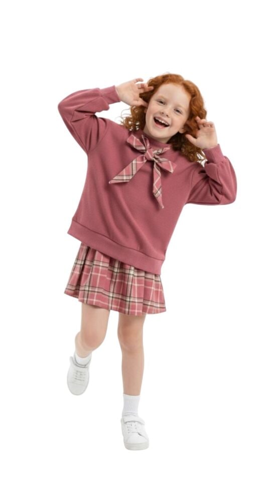 Kız Çocuk Bayramlık - Gezmelik Ekose Etek Bluz İkili Takım Gül Kurusu - 10-11 Yaş