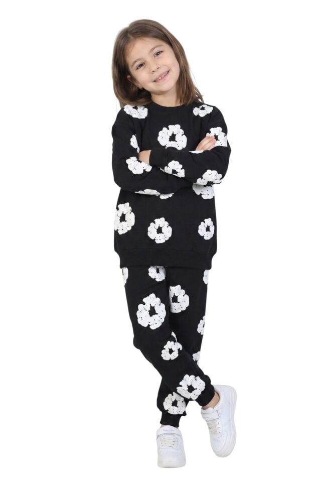 Kız - Erkek Çocuk Ünisex Papatya Kabartma Baskılı Pijama Takımı İki İplik Eşofman Takımı İkili Takım Siyah - 7-8 Yaş