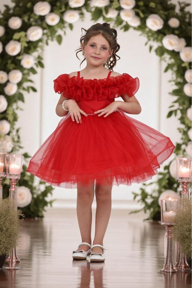 Kız Çocuk Omuzu Askılı Tüllü Düğün Kına Nişan Nikah Doğum Günü Özel Gün Abiye Elbise 1-5 Yaş Kırmızı - 1 Yaş