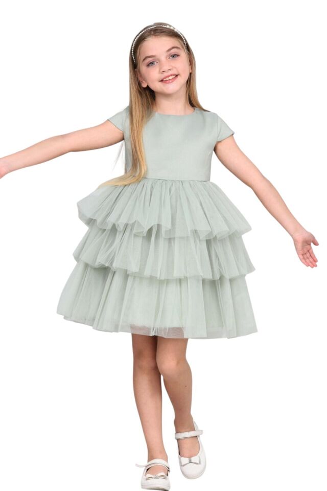 Kız çocuk fırfırlı tüllü saten düğün kına nişan nikah doğum günü özel gün abiye elbise 4-8 yaş Çağla Yeşili - 4 Yaş
