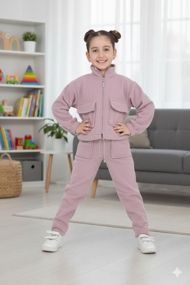 Kız Çocuk Fermuarlı Dik Yaka Cepli Fermuarlı Pamuklu Alt Üst İkili Eşofman Polar Takım Lila - 4-5 Yaş