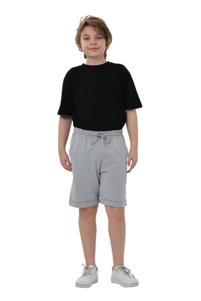 Erkek çocuk basic pamuklu penye double paça cepli şort Gri - 5-6 Yaş