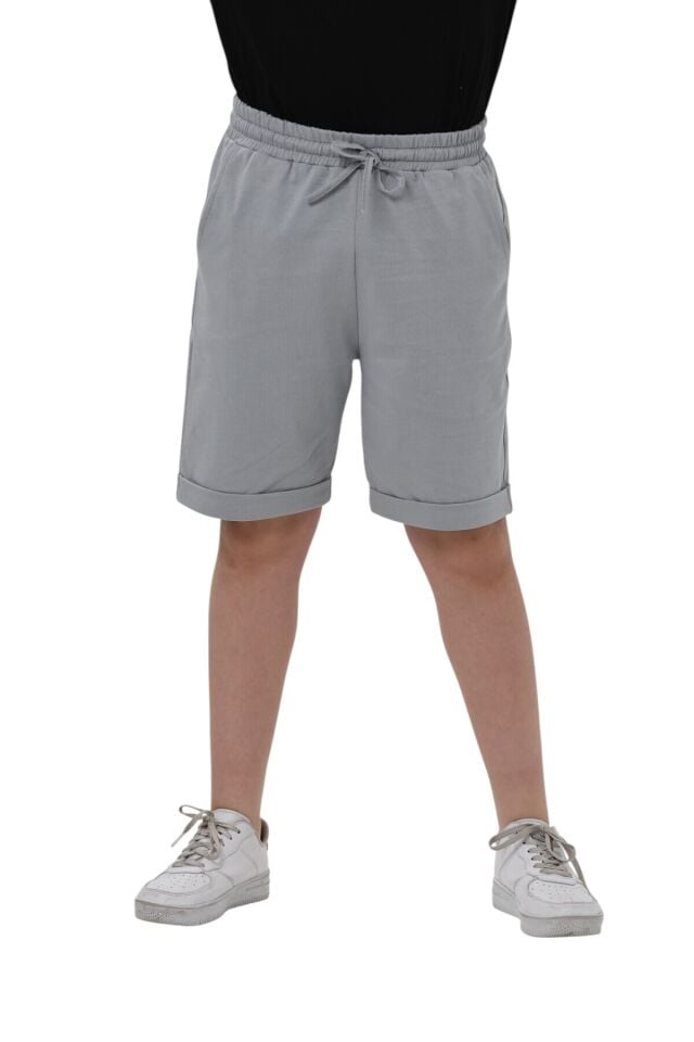 Erkek çocuk basic pamuklu penye double paça cepli şort Gri - 5-6 Yaş