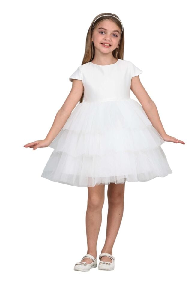 Kız çocuk fırfırlı tüllü saten doğum günü özel gün abiye elbise 4-8 yaş Beyaz - 4 Yaş