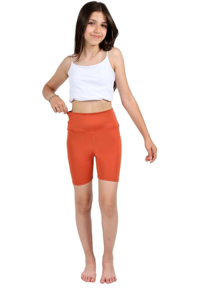 Kız Çocuk Okul Yüksek Bel, Biker, Casual, Koşu, Yürüyüş, Spor, Atletik, Egzersiz, Kısa Tayt Kiremit - 8-9 Yaş