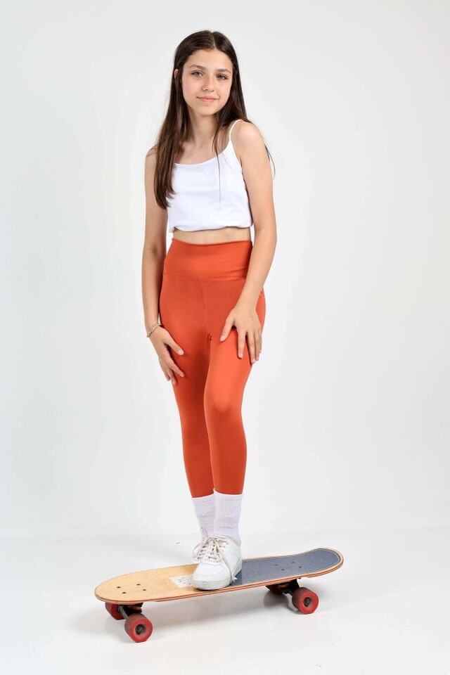 Kız çocuk Yüksek Bel, Koşu, Yürüyüş, Biker, Casual, Spor, Atletik, Egzersiz, FittnessTayt Kiremit - 4-5 Yaş
