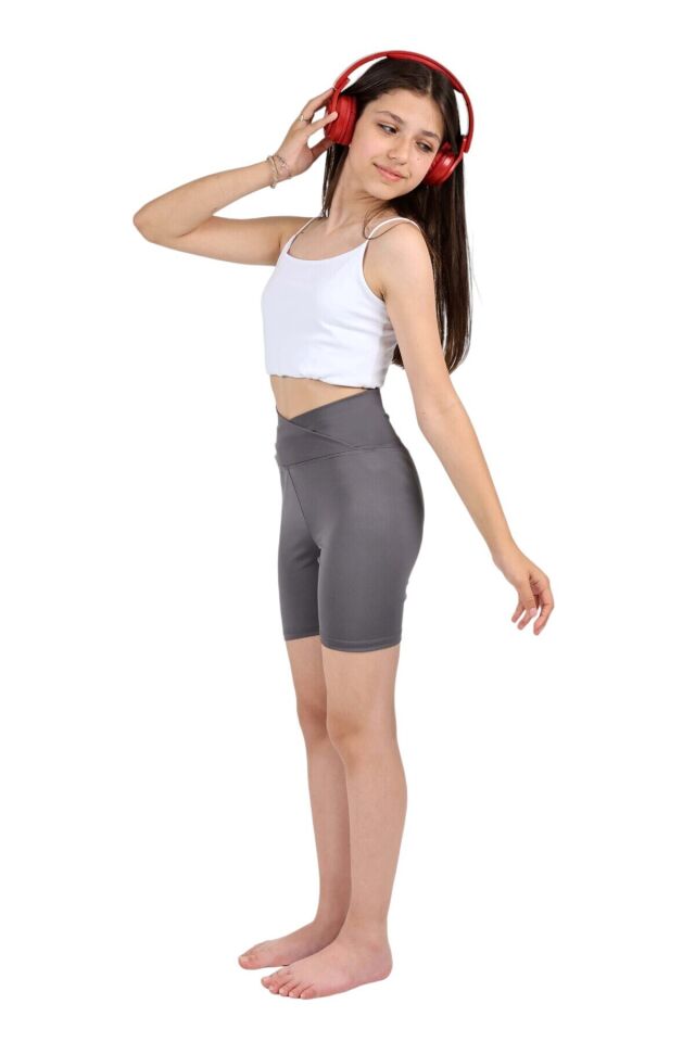 Kız Çocuk Okul Yüksek Kruvaze Bel, Biker, Koşu, Yürüyüş, Spor, Atletik, Fittness, Egzersiz Kısa Tayt Antrasit - 8-9 Yaş