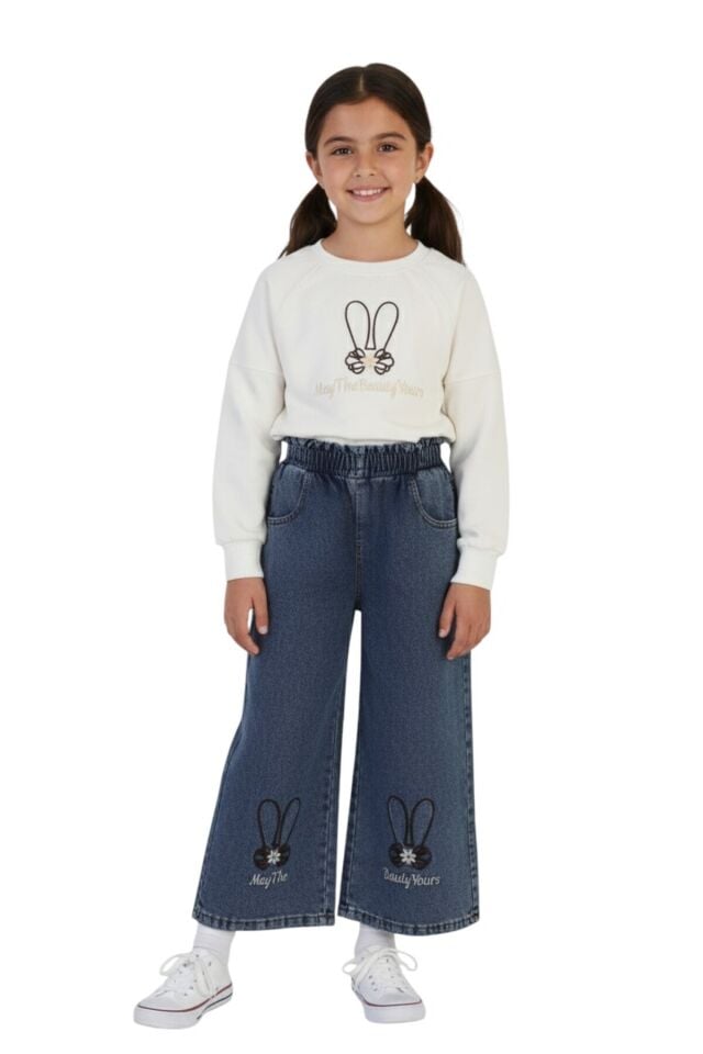 Kız Çocuk Bayramlık Günlük - Casual Geniş-Bol Paça Palazzo Kot Pantolon-Sweatshirt ikili takım Beyaz - Mavi - 5-6 Yaş