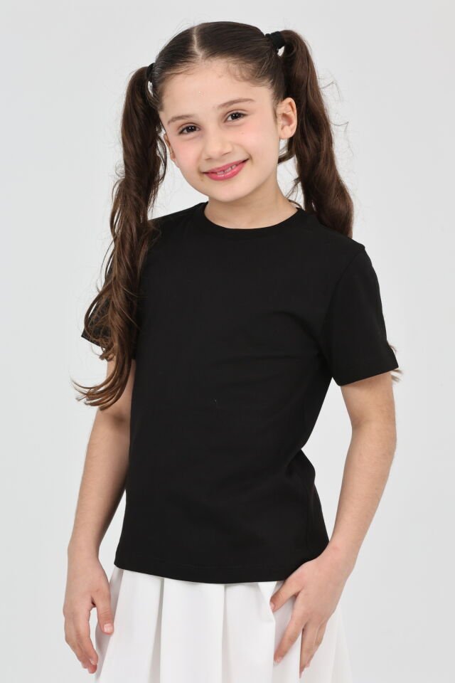 Kız çocuk düz baskısız kısa kol basic casual-okul t-shirt Siyah - 13-14 Yaş
