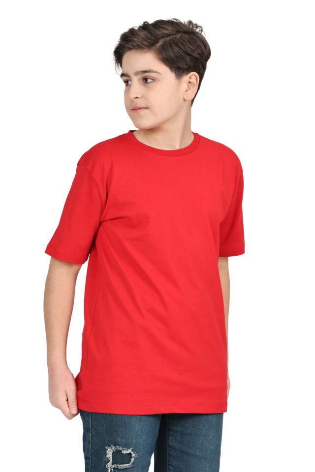 Erkek çocuk beyaz düz baskısız kısa kol basic casual-okul t-shirt Kırmızı - 11-12 Yaş