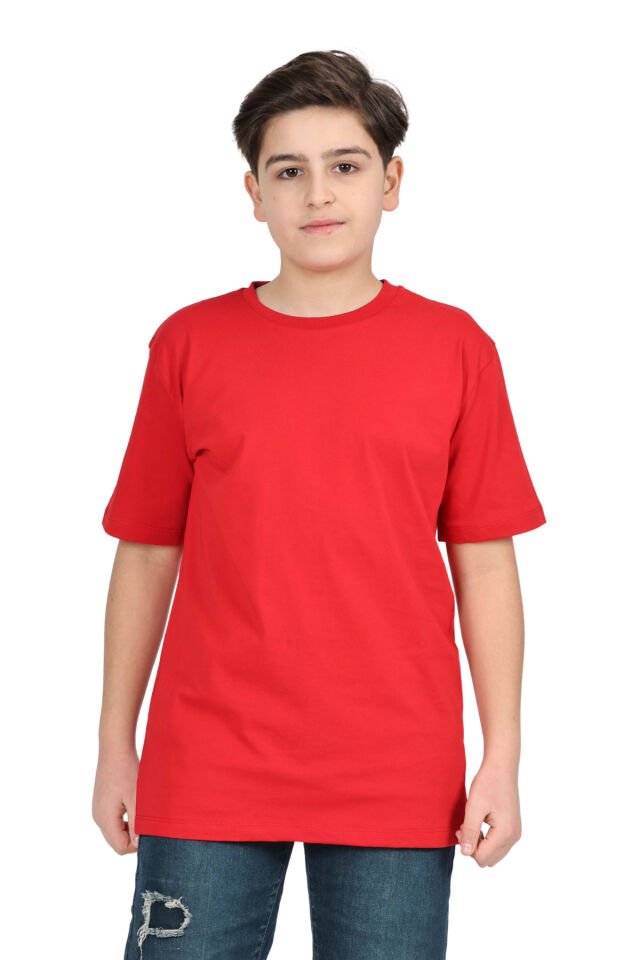 Erkek çocuk beyaz düz baskısız kısa kol basic casual-okul t-shirt Kırmızı - 11-12 Yaş