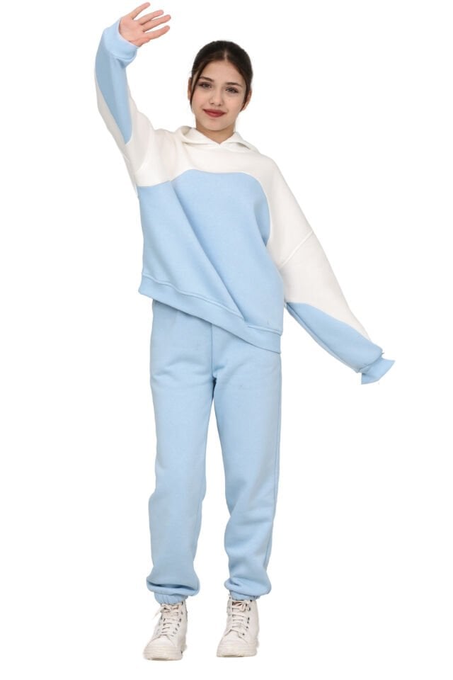 Kız Çocuk Paçası Lastikli, Garnili Oversize 3 I?plik Şardonlu I?çi Pamuklu Eşofman Takımı Bebe mavisi-Ekru - 8-9 Yaş