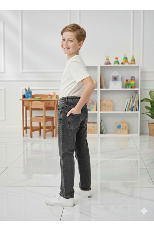 Erkek Çocuk Pamuklu Beli Lastikli Baggy Jean Pantolon Rahat Kalıp Geniş Bol Paça Kot Pantolon Füme Gri - 8-9 Yaş