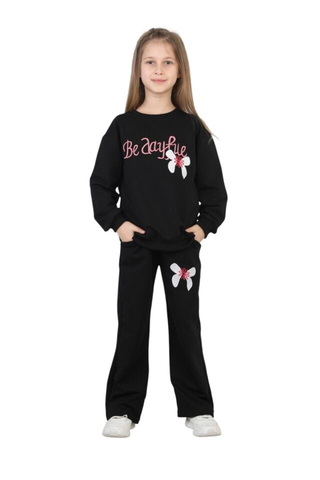 Kız Çocuk Okul Günlük Nakışlı İki İplik Alt Üst İkili Takım Klbktkm0002 Siyah - 4-5 Yaş