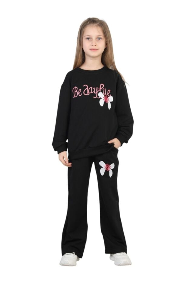 Kız Çocuk Okul Günlük Nakışlı İki İplik Alt Üst İkili Takım Klbktkm0002 Siyah - 4-5 Yaş