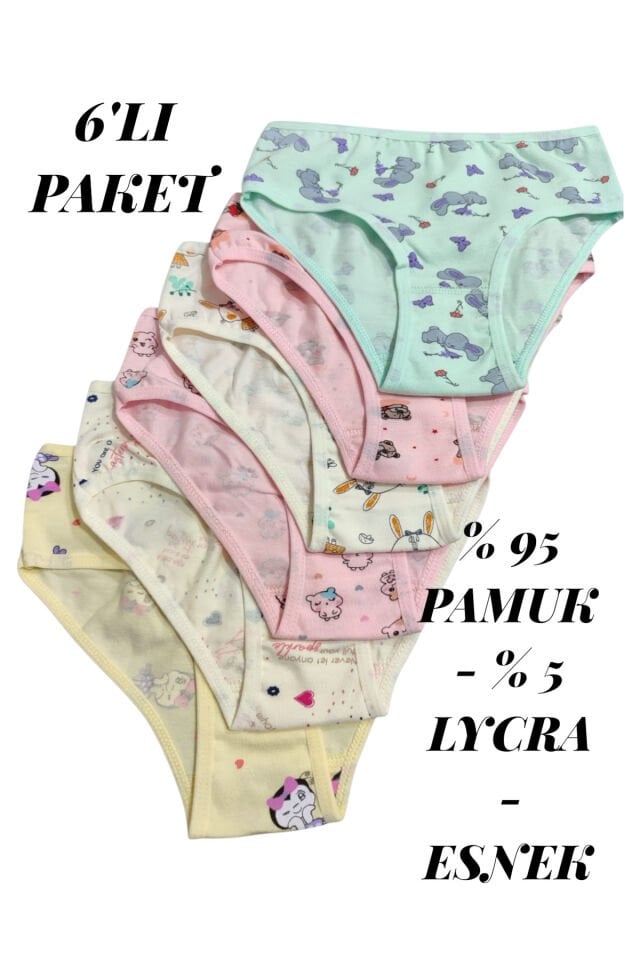 Kız Çocuk Baskılı Renkli Pamuk Esnek Likralı 6'lı Külot 13-14 Yaş