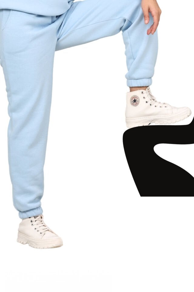 Kız çocuk paçası lastikli 3 iplik şardonlu içi pamuklu okul eşofman altı pantolon Bebe mavisi - 8-9 Yaş