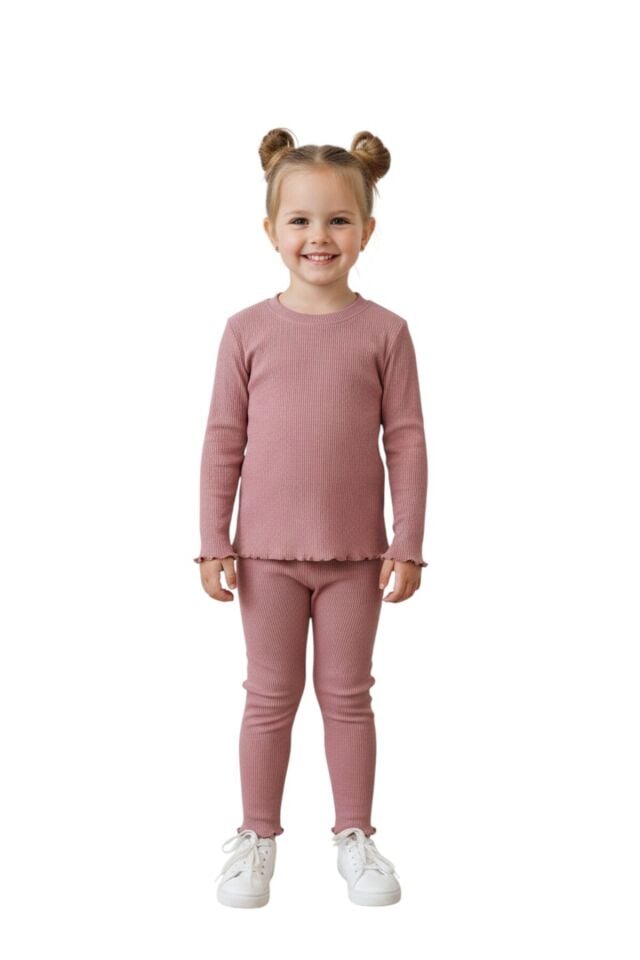 Kız Çocuk Okul Casual-Günlük Kaşkorse Rahat Kalıp Full Esnek Giy-Çık Pratik Alt Üst İkili Takım Gül Kurusu - 4-5 Yaş