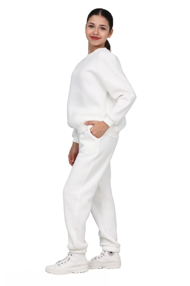 Kız-Erkek çocuk paçası lastikli 3 iplik şardonlu içi pamuklu basic bisiklet yaka eşofman takımı Ekru - 13-14 Yaş