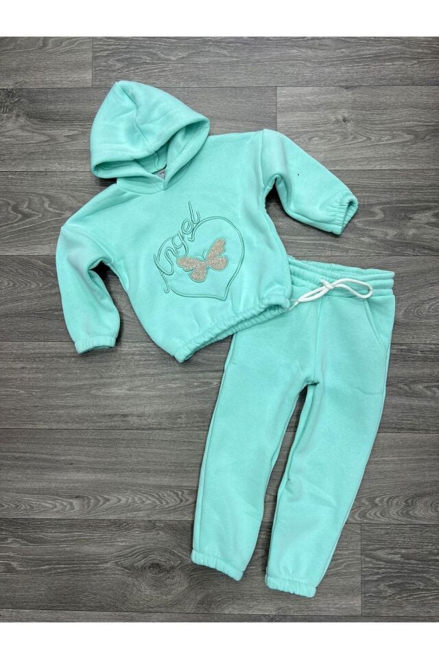 Kız çocuk kışlık şardonlu 3 iplik pamuk kapüşonlu cepli beli paçası lastikli nakışlı ikili takım Mint Yeşili - 9-10 Yaş
