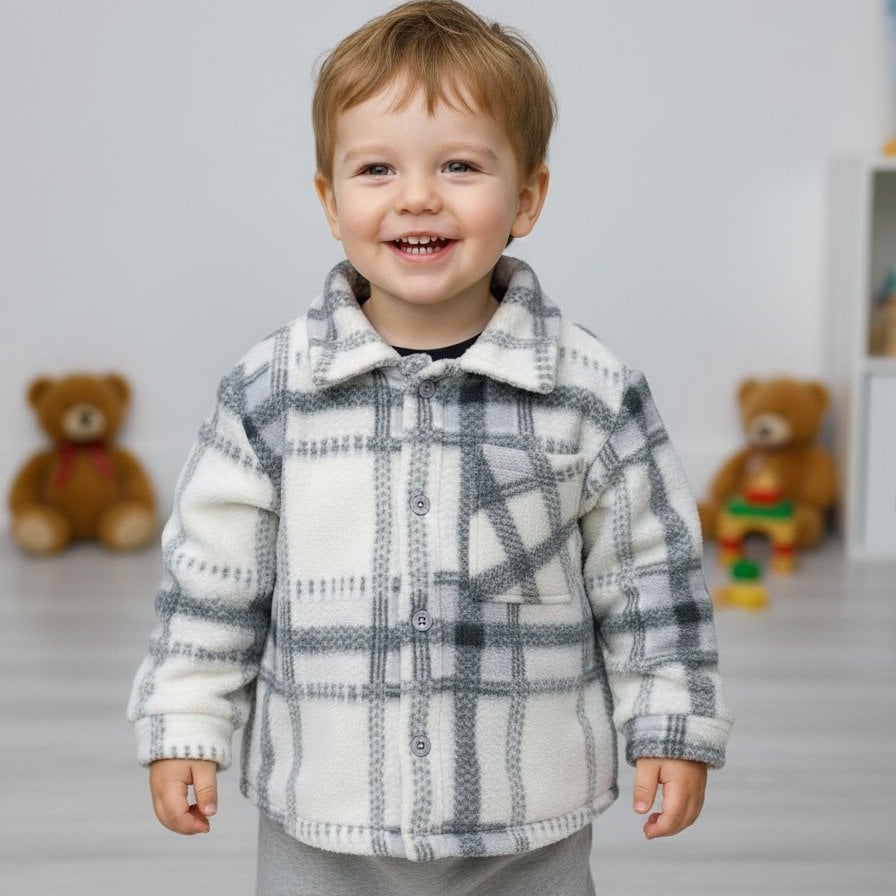 Erkek çocuk ekose desenli apaş yaka polar ceket gömlek